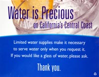Water is Precious on California's Central Coast - restaurant table cards
