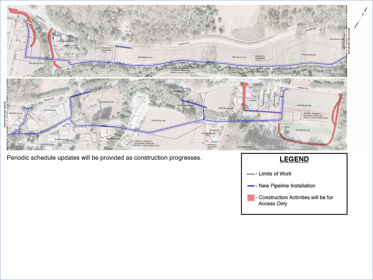 Highway 92 Pipeline Replacement Project Phase 1 map with legend